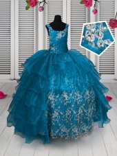 Aqua Blue Sleeveless Floor Length Appliques and Ruffled Layers Lace Up Little Girl Pageant Dress