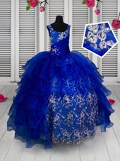 Affordable Straps Sleeveless Lace Up Little Girl Pageant Gowns Blue Organza