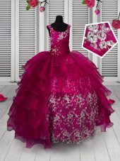 Customized Ruffled Fuchsia Sleeveless Organza Lace Up Child Pageant Dress for Party and Wedding Party