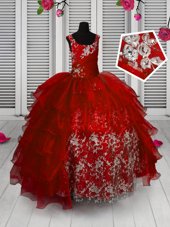 Latest Floor Length Red Little Girls Pageant Dress Organza Sleeveless Appliques and Ruffled Layers