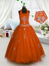 Latest Halter Top Sleeveless Tulle Floor Length Lace Up Pageant Gowns For Girls in Red for with Appliques