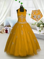On Sale Halter Top Orange A-line Appliques Child Pageant Dress Lace Up Tulle Sleeveless Floor Length