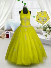 Exquisite A-line Kids Pageant Dress Yellow Halter Top Tulle Sleeveless Floor Length Lace Up