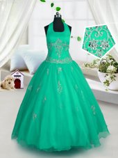 Classical Floor Length Green Girls Pageant Dresses Halter Top Sleeveless Lace Up