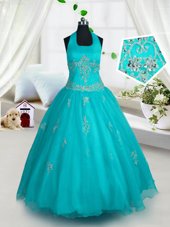 Aqua Blue Tulle Lace Up Halter Top Sleeveless Floor Length Little Girl Pageant Gowns Appliques