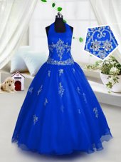 Halter Top Floor Length A-line Sleeveless Blue Little Girls Pageant Dress Wholesale Lace Up