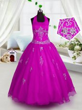 Tulle Halter Top Sleeveless Lace Up Appliques Little Girls Pageant Dress in Fuchsia