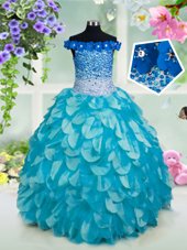Fantastic Off the Shoulder Sleeveless Floor Length Beading and Sashes|ribbons and Sequins Lace Up Kids Pageant Dress with Turquoise