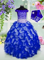 Dazzling Off The Shoulder Sleeveless Organza Little Girl Pageant Dress Beading and Hand Made Flower Lace Up