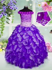 Simple Off the Shoulder Organza Sleeveless Floor Length Little Girls Pageant Dress and Beading and Hand Made Flower