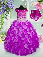 Luxurious Off the Shoulder Sleeveless Lace Up Floor Length Beading and Hand Made Flower Little Girl Pageant Dress