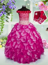 Fantastic Off the Shoulder Sleeveless Lace Up Floor Length Beading and Hand Made Flower Child Pageant Dress