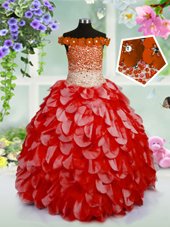 Adorable Off the Shoulder Red Sleeveless Beading and Hand Made Flower High Low Kids Formal Wear