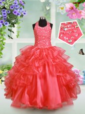 Organza Halter Top Sleeveless Lace Up Beading and Ruffled Layers Child Pageant Dress in Watermelon Red