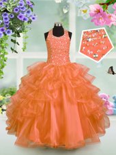 Ruffled Ball Gowns Little Girl Pageant Dress Orange Halter Top Organza Sleeveless Floor Length Lace Up
