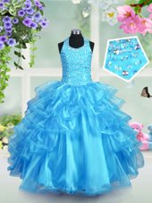 On Sale Aqua Blue Ball Gowns Organza Halter Top Sleeveless Beading and Ruffled Layers Floor Length Lace Up Little Girls Pageant Dress