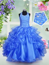 Superior Halter Top Sleeveless Beading and Ruffled Layers Lace Up Kids Pageant Dress