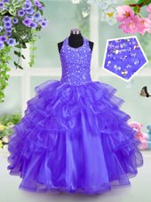 Classical Halter Top Sleeveless Beading and Ruffled Layers Lace Up Little Girl Pageant Dress with Blue