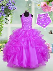 Super Halter Top Sleeveless Floor Length Beading and Ruffled Layers Lace Up Child Pageant Dress with Lilac