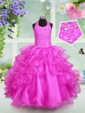 Fashionable Ruffled Ball Gowns Little Girl Pageant Dress Fuchsia Halter Top Organza Sleeveless Floor Length Lace Up