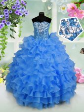 Cheap Sequins Ruffled Floor Length Light Blue Little Girls Pageant Dress Sweetheart Sleeveless Lace Up