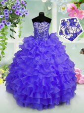 Top Selling Sequins Ruffled Sweetheart Sleeveless Lace Up Child Pageant Dress Blue Organza