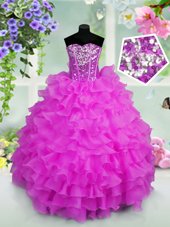 Custom Design Lilac Organza Lace Up Sweetheart Sleeveless Floor Length Kids Pageant Dress Ruffled Layers and Sequins