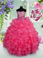 Customized Hot Pink Sweetheart Lace Up Ruffled Layers and Sequins Kids Pageant Dress Sleeveless