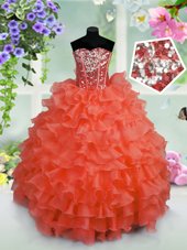 Graceful Sequins Ruffled Ball Gowns Little Girls Pageant Dress Wholesale Coral Red Sweetheart Organza Sleeveless Floor Length Lace Up