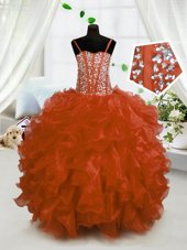 Fantastic Floor Length Rust Red Child Pageant Dress Spaghetti Straps Sleeveless Lace Up
