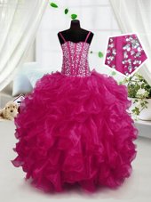 Hot Pink Sleeveless Beading and Ruffles Floor Length Little Girls Pageant Dress Wholesale
