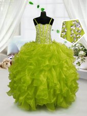 Custom Designed Floor Length Yellow Green Little Girls Pageant Dress Wholesale Organza Sleeveless Beading and Ruffles