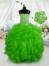 Customized Green Sleeveless Floor Length Beading and Ruffles Lace Up Little Girls Pageant Dress Wholesale