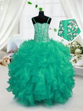 Stunning Sleeveless Organza Floor Length Lace Up Kids Formal Wear in Turquoise for with Beading and Ruffles