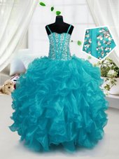 Floor Length Lace Up Little Girls Pageant Dress Aqua Blue and In for Party and Wedding Party with Beading and Ruffles