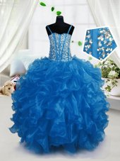 Perfect Organza Sleeveless Floor Length Pageant Gowns For Girls and Beading and Ruffles