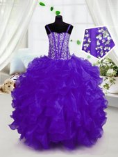 Customized Purple Spaghetti Straps Neckline Beading and Ruffles Little Girls Pageant Dress Sleeveless Lace Up