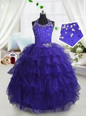 Perfect Scoop Ruffled Navy Blue Sleeveless Organza Lace Up Little Girl Pageant Gowns for Party and Wedding Party