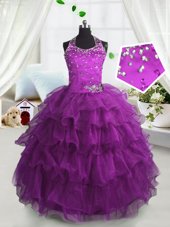 Fuchsia Ball Gowns Scoop Sleeveless Organza Floor Length Lace Up Beading and Ruffled Layers Little Girls Pageant Dress