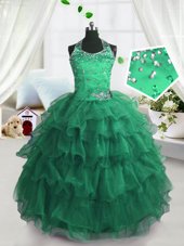 Custom Fit Scoop Sleeveless Floor Length Beading and Ruffled Layers Lace Up Little Girls Pageant Dress Wholesale with Peacock Green