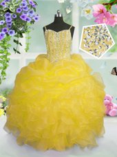 Enchanting Gold Ball Gowns Organza Spaghetti Straps Sleeveless Beading and Ruffles and Pick Ups Floor Length Lace Up Little Girls Pageant Gowns