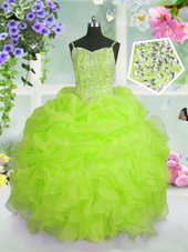 Pick Ups Floor Length Yellow Green Little Girls Pageant Gowns Spaghetti Straps Sleeveless Lace Up