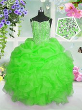 On Sale Apple Green Organza Lace Up Girls Pageant Dresses Sleeveless Floor Length Beading and Ruffles and Pick Ups