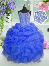 Discount Pick Ups Baby Blue Sleeveless Organza Lace Up Little Girls Pageant Gowns for Party and Wedding Party