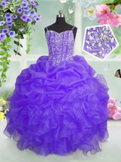 Best Pick Ups Floor Length Lavender Little Girls Pageant Gowns Spaghetti Straps Sleeveless Lace Up