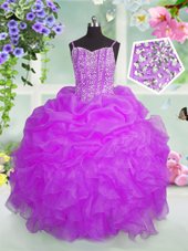 Custom Made Spaghetti Straps Sleeveless Little Girl Pageant Gowns Floor Length Beading and Ruffles and Pick Ups Fuchsia Organza