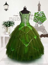 High Class Olive Green Lace Up Straps Beading and Belt Pageant Gowns For Girls Tulle Sleeveless