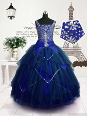 Classical Royal Blue Ball Gowns Straps Sleeveless Tulle Floor Length Lace Up Beading and Belt Kids Pageant Dress