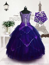 Floor Length Purple Little Girl Pageant Gowns Straps Sleeveless Lace Up