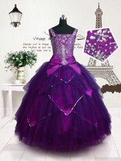 Excellent Sleeveless Floor Length Belt Lace Up Child Pageant Dress with Purple